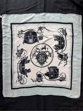 VTG Silk Scarf Carriages 1960's Grey Blue White Black Regency